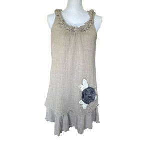 Blue Bird Women's Dress Sz M Sleeveless Beige Ruffle Cotton Gauze Trim Applique